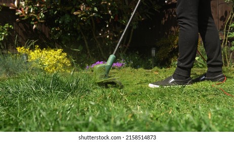 Lawn Mower Cutting Grass. Small Green Grass Cuttings Fly Out Of Lawnmower Pushed Around By Landscaper. Close Up Gardener Man Working With Mower Machine In Garden Outside Sunny Day. Nature Family, Work