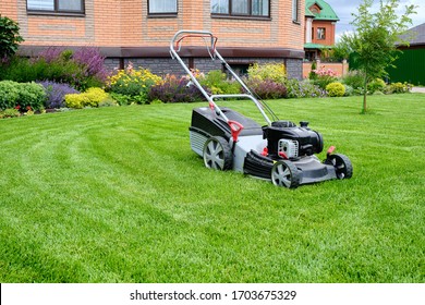A lawn mower on a lush green lawn surrounded by flowers. The back yard of the house.