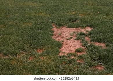 A lawn with patchy grass and visible bare, dry spots, illustrating an uneven growth pattern and signs of poor lawn health.