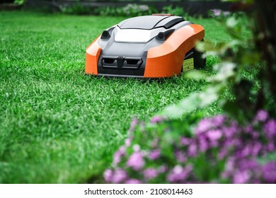 Lawn robot mows the lawn. Robotic Lawn Mower cutting grass in th - Shutterstock ID 2108014463