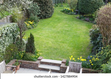 Lawn Of A Suburban Back Garden In London England, Viewed From Above