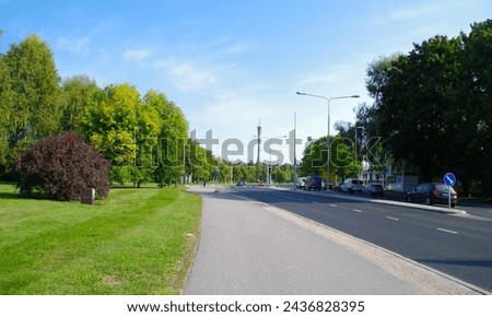 lawn, trees, sidewalk and street