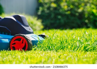 Lawnmower Electric Machine Trimming Green Grass. Lawn Cutting