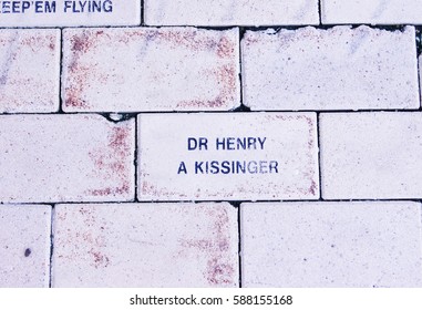 Lawrence, KS/USA: July 3, 2015 – Brick With Name Of Henry Kissinger  On Donor Funded Brick Walk Outside Robert J Dole Institute Of Politics On The Campus Of The University Of Kansas. 