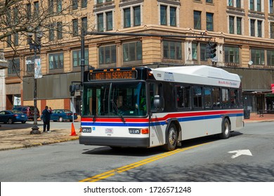 LAWRENCE, MA, USA - APR. 24, 2019: Merrimack Valley Regional Transit Authority MVRTA Public Bus On Essex Street In Downtown Lawrence, Massachusetts MA, USA. 