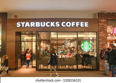 Lawrence Township New Jersey, February 24, 2019:Starbucks Coffee Store Front. Company Signboard Starbucks Coffee.