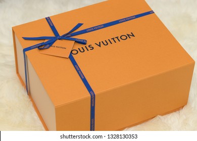 Lawrence Township New Jersey, March 1, 2019:A Louis Vuitton box. Louis Vuitton is a designer fashion brand known for its leather goods.