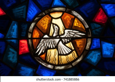 LAWRENCEVILLE, NJ - October 25, 2017: Stained Glass Window Depicting The Holy Spirit In The Form Of A White Dove