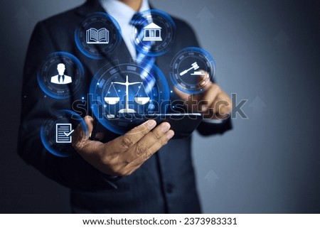 Laws concept. Businessman fighting lawsuit using AI as lawyer and providing legal advice and information. Studying legal issues in international and domestic trade through smartphone applications.