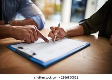 Lawyer, Broker Or HR Manager Signing A Contract Agreement With Client Or Employee. Financial Advisor Asking For Womans Signature For Insurance, Legal Paperwork Or Claim Document