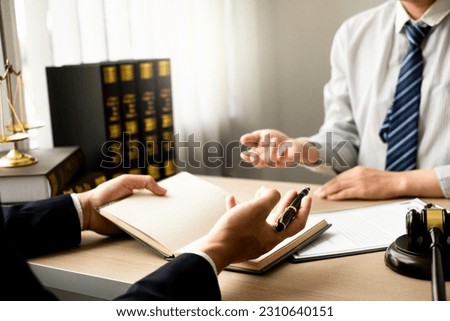The lawyer and client discuss the lawsuit, analyze facts, explore legal options, and plan their strategy together. Stock photo © 