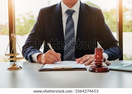 Lawyer concept, Legal professions with legal devices  gavel and lawyer brand on desk in office.