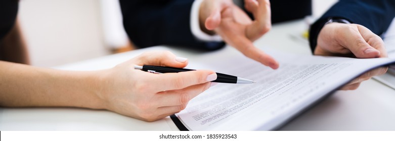 Lawyer Hand Contract Document Review. Auditor And Broker Discussing