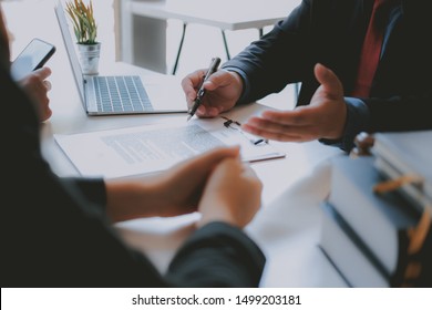 lawyer insurance broker consulting giving legal advice to couple customer about buying renting house. financial advisor with mortgage loan investment contract. realtor selling real estate property - Shutterstock ID 1499203181