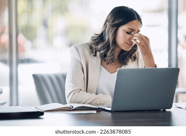 Lawyer, laptop or stress headache with problem, court case loss or legal research burnout in corporate law firm. Anxiety, pain or migraine for attorney woman on technology with doubt or mental health - Powered by Shutterstock