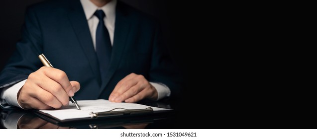 Lawyer, Notary, Attorney Signs Act, Legal Document. Businessman In Suit Copy Space Web Banner Concept.