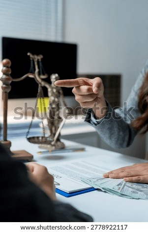 Lawyer pointing at a contract while client attempting bribery with US dollar banknotes, highlighting themes of corruption and unethical practices