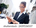 Lawyer, portrait or happy woman with tablet in city for legal research, online app or social media post. Attorney, smile or advocate with business email, networking or internet article for travel
