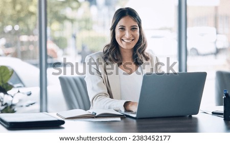 Lawyer, portrait and laptop in office planning, legal consulting or policy review feedback in corporate law firm. Smile, happy and attorney woman on technology in case research or schedule management