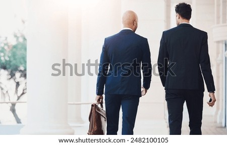 Lawyer, walking and business men in city for legal trail, visa application or naturalization. Back, immigration and attorney with client at court to file petition, citizenship or asylum seeker