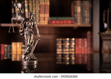 Lawyers office. Judges gavel on glossy table.