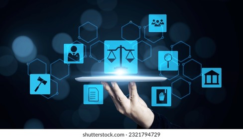 Lawyers working with tablet technology giving business legal advice to clients, companies and business people, dealing with contracts and policies, labor law justice concept, graphic icon background. - Powered by Shutterstock