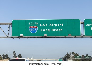 LAX Airport And Long Beach Overhead Freeway Sign On Interstate 405 In Los Angeles, California. 