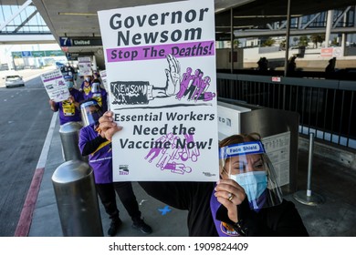 LAX workers hold a rally to honor their colleagues who have died due to COVID-19 and to demand that Gov. Gavin Newsom put them back on the vaccine priority list, Feb. 4, 2021 in Los Angeles.