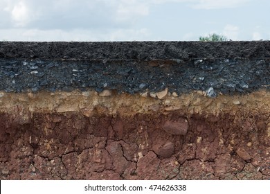 The layer of asphalt with soil and rock. Un-focus image. - Shutterstock ID 474626338