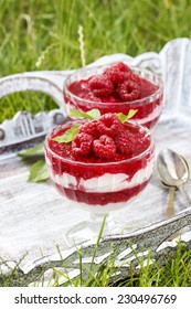 Layer raspberry dessert on garden party table. Lush grass in the background, sunny summer day.
