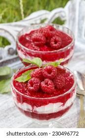 Layer raspberry dessert on garden party table. Lush grass in the background, sunny summer day.