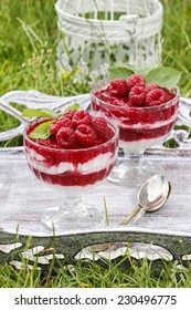 Layer raspberry dessert on garden party table. Lush grass in the background, sunny summer day.