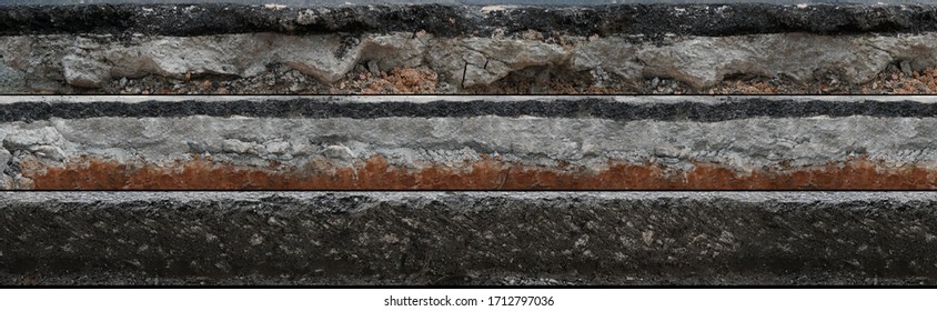 Layered Asphalt Road Side Texture With Soil Geology Cross Section Underground Earth, Cutaway Tar Road  Terrain Surface