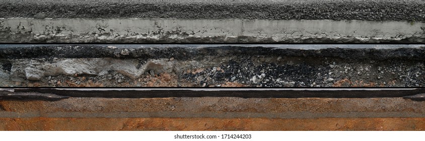 Layered Asphalt Road Side Texture With Soil Geology Cross Section Underground Earth, Cutaway Tar Road  Terrain Surface