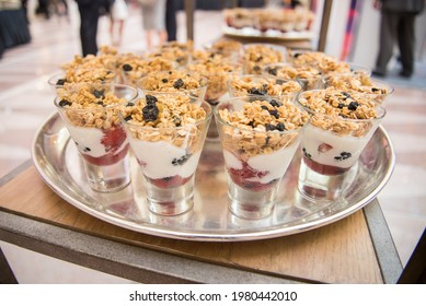 Layered Fruit Yogurt And Granola Bowls. Side View