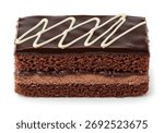 Layered rectangular chocolate cake bars topped with rich chocolate icing and white chocolate decoration, isolated on white background, perfect for dessert menus, packaging, 
