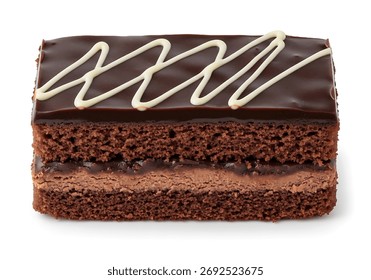 Layered rectangular chocolate cake bars topped with rich chocolate icing and white chocolate decoration, isolated on white background, perfect for dessert menus, packaging, 