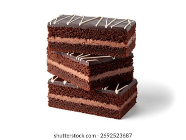 Layered rectangular chocolate cake bars topped with rich chocolate icing and white chocolate decoration, isolated on white background, perfect for dessert menus, packaging, 