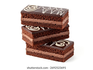 Layered rectangular chocolate cake bars topped with rich chocolate icing and white chocolate decoration, isolated on white background, perfect for dessert menus, packaging, 