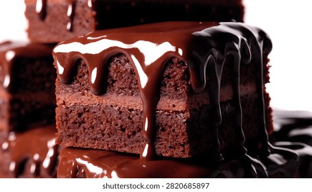 Layered Rectangular Chocolate Cake Bars with Rich Chocolate Icing Isolated on White Background