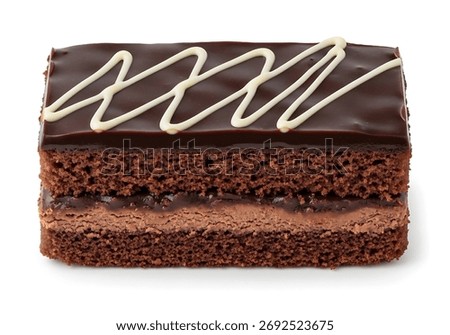Layered rectangular chocolate cake bars topped with rich chocolate icing and white chocolate decoration, isolated on white background, perfect for dessert menus, packaging, 
