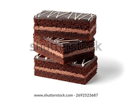 Layered rectangular chocolate cake bars topped with rich chocolate icing and white chocolate decoration, isolated on white background, perfect for dessert menus, packaging, 