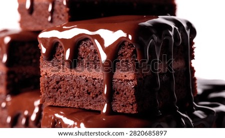 Layered Rectangular Chocolate Cake Bars with Rich Chocolate Icing Isolated on White Background