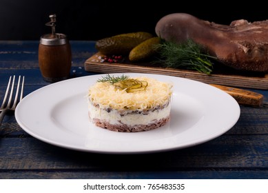 Layered Salad With Tongue And Pickled Cucumber