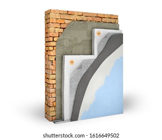 Layered scheme of exterior wall insulation with polystyrene foam, 3d illustration - Shutterstock ID 1616649502