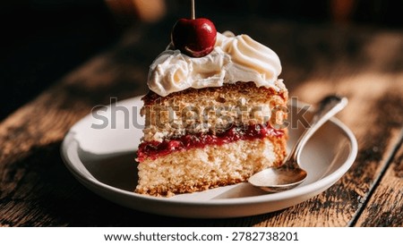 Layered sponge cake features vibrant jam and thick whipped cream topped with a fresh cherry on a rustic wooden surface. This image is perfect for cafe menus and culinary blog marketing.