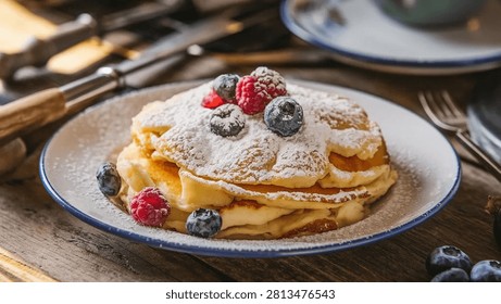 Layered stack of pancakes with powdered sugar, fresh blueberries and raspberries served on a white ceramic plate on a rustic wooden table under soft natural window light, plated as a single serving.