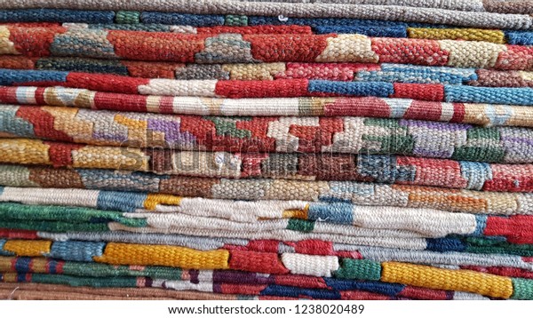 Layers Colorful Folded Carpets Bright Ornaments Stock Photo Edit