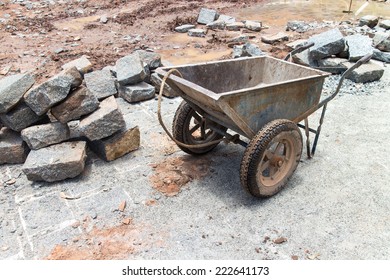 laying of bricks on path way. Bricklayer paving a street. obblestones, pavement construction