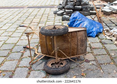 laying of bricks on path way. Bricklayer paving a street. obblestones, pavement construction
